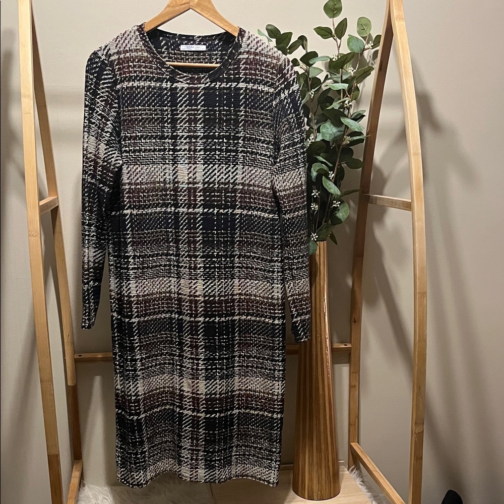 Zara Black and Brown Checkered Long Sleeve Dress
